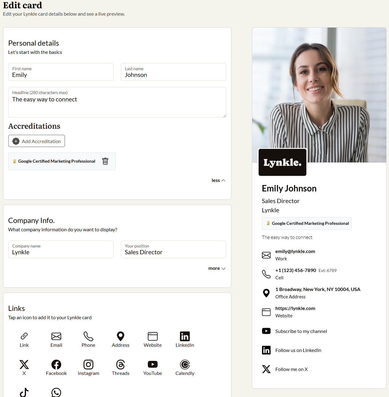 Lynkle digital business card editor